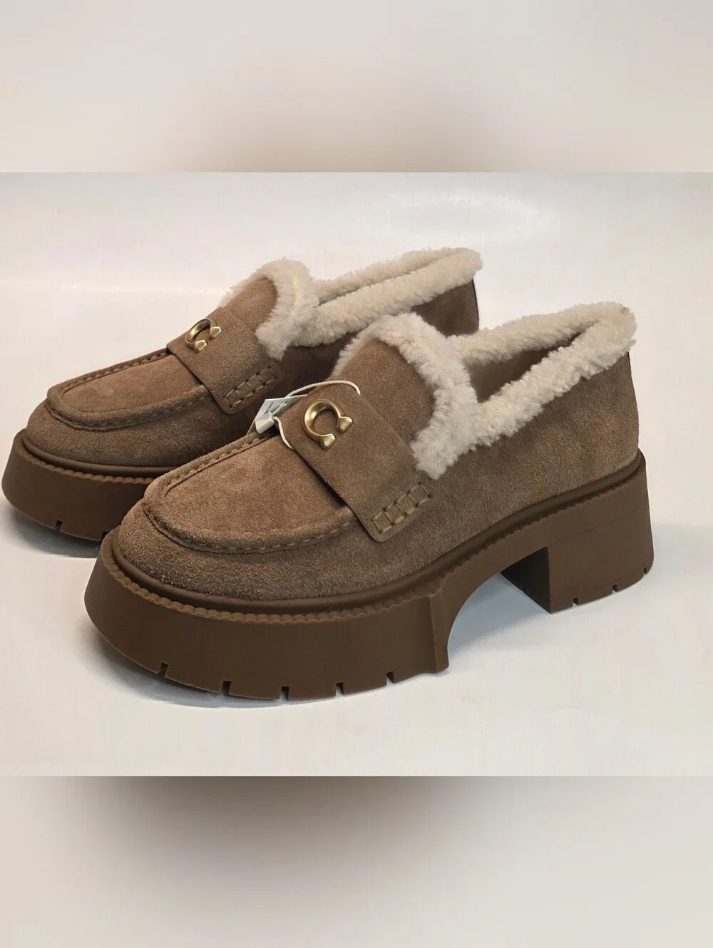 New Coach Leah Platform Shearling Loafer Casual Shoes Suede Women's Size 8